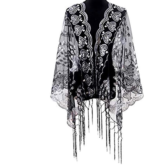 Peacocks Sequin Cape Evening Shawl Wrap - Picture 6 of 13